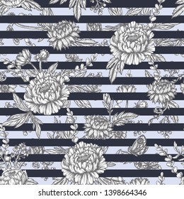 Seamless pattern with graphical peonies and wild flowers. Vector.