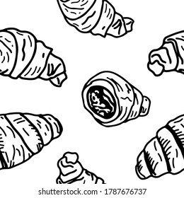 Seamless pattern with graphical sketch of croissant isolated on white background. Vector illustration