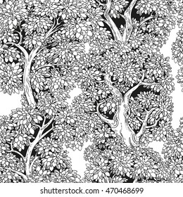 Seamless pattern from graphically drawing trees on white background