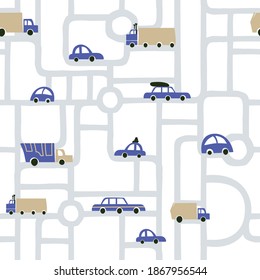 Seamless pattern of graphics with different roads, cars. Map for creating your own unique Kid's room design