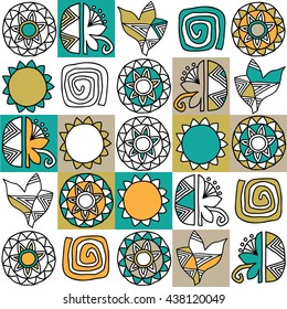 Seamless pattern with graphics painted sunflowers and tulips and squares on a white background.