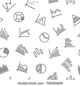 Seamless pattern with graphs and diagrams, black and white icons