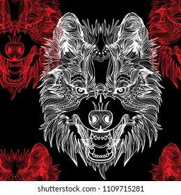 Seamless pattern with grasping wolves. The male pattern. Predator, aggression. Doodling, mandala pattern. Drawing by hand. Stylish background.