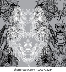 Seamless pattern with grasping wolves. The male pattern. Predator, aggression. Doodling, mandala pattern. Drawing by hand. Stylish background.