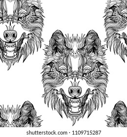 Seamless pattern with grasping wolves. The male pattern. Predator, aggression. Doodling, mandala pattern. Drawing by hand. Stylish background.