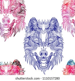 Seamless pattern with grasping wolves. The male pattern. Predator, aggression. Doodling, mandala pattern. Drawing by hand. Stylish background.