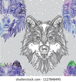Seamless pattern with grasping wolves. The male pattern. Predator, aggression. Doodling, mandala pattern. Drawing by hand. Stylish background. svg