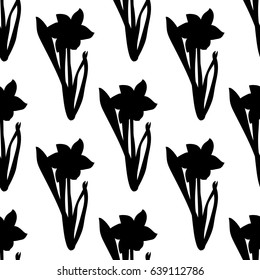 Seamless pattern. Grass with black narcissus flowers same sizes isolated on white. Vector illustration