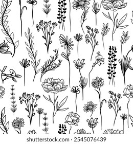 Seamless pattern grass and flowers. hand drawing. Not AI, Vector illustration