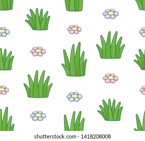 Seamless pattern with grass and flowers. isolated on white background