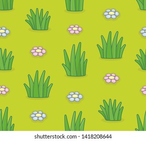 Seamless pattern with grass and flowers. isolated on green background