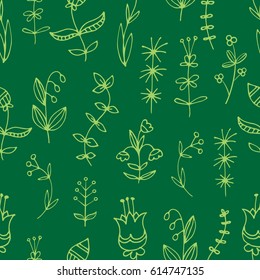 Seamless pattern with grass and flowers on  white background. Different types of plants. Summer season. Vector contour image.  Doodle style.