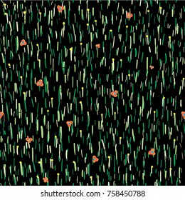 seamless pattern grass and flowers on a black background