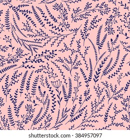 Seamless pattern with grass and flowers. Vector floral background.