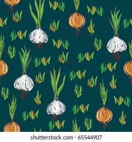 Seamless pattern with grass and garlic, onion