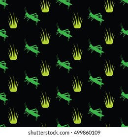 Seamless pattern with grass and grasshoppers. Nice background for nature theme. Easy to print on fabric and paper. Stock vector.