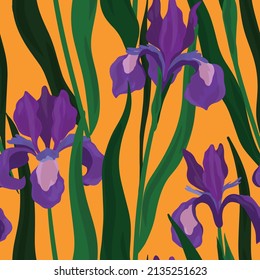 Seamless pattern with grass and irises on a yellow background. Summer floral print with purple decorative flowers, green leaves. Field, meadow surface with hand-drawn plants. Vector illustration.