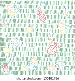Seamless pattern with grass and ladybird. Vector illustration.