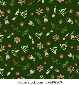 Seamless pattern with grass, leaves, flowers and nuts in vector on green background.