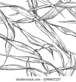 Seamless pattern with grass in line art,  ink pen style. Abstract black and white background.