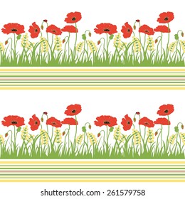 Seamless pattern with grass, poppies  and spikelets 