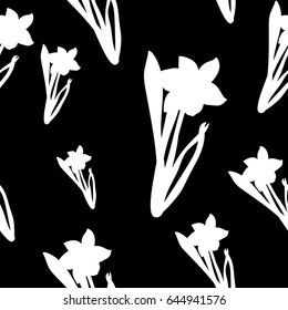 Seamless pattern. Grass with white narcissus flowers different sizes isolated on black background. Vector