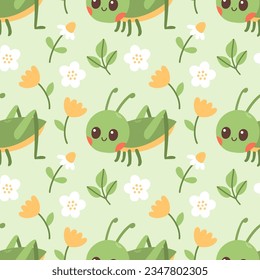 Seamless pattern of grasshopper, flowers and green leaf on green background vector illustration.