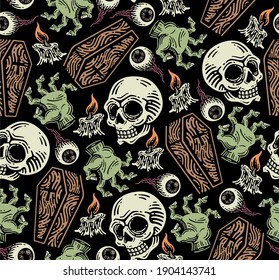 seamless pattern of grave elements hand in dark background.