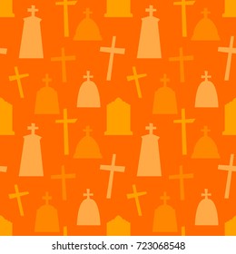 Seamless pattern with gravestone. Halloween orange color background