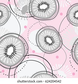 Seamless pattern with gray abstract kiwi fruit, circles and dots on pink color. Summer motif for card, textile, banners.