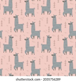 Seamless pattern with gray alpaca or llama on a pink background. Vector illustration in minimalistic flat style, hand drawing. Print for textiles, print design, postcards, gray and blue