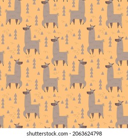 Seamless pattern with gray alpaca or llama on a yellow background. Vector illustration in minimalistic flat style, hand drawing. Print for textiles, print design, postcards