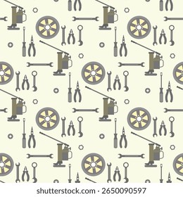 Seamless pattern with gray automotive tools and car parts on light background vector