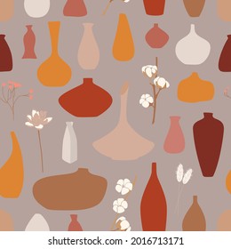 Seamless pattern with gray background. For paper, fabric, print. Bright texture in trendy colors. Modern vases in yellow, white, pink, brown and burgundy colors. Vector illustration.