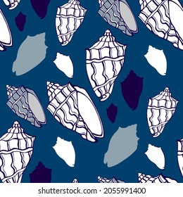 seamless pattern gray blue many sea shells ornamented sea blue color vector