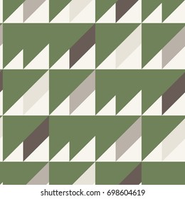 Seamless pattern in gray, brown, white, green colors. Geometrical forms: triangle, square, rectangle. Vector illustration.