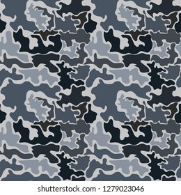 Seamless pattern gray camouflage. Classic clothing style masking camo repeat print. Navy cerulean grey colors, forest texture. Design element. Vector illustration.