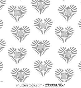 Los corazones de caramelos grises sin patrón deslumbran los rayos de fondo blanco. Feliz Día de San Valentín, feriado por el día de la mujer, invitación para citas, boda o diseño de tarjetas de felicitación matrimonial. Vector romántico.