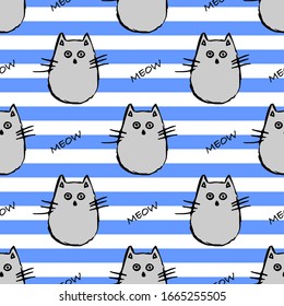 Seamless pattern with gray cat in black stroke and text meow on blue stripes.