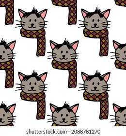 Seamless pattern with gray cat in a cute scarf on white background. Vector image.
