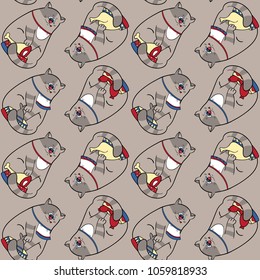 Seamless pattern with gray cats and food