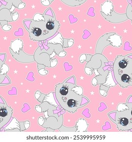 Seamless pattern with gray cats and hearts on a pink background. For children's fabric design, wallpaper, backgrounds, prints, posters, cards, etc. Vector
