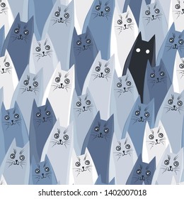 Seamless pattern with gray cats and one black