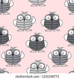 Seamless pattern of gray cheerful hand-drawn owls for printing, fabrics,