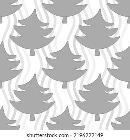 Seamless pattern with gray Christmas trees on a wavy white background, artistic. Vector illustration for textile, surface, packaging design.