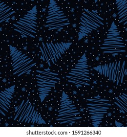 Seamless pattern of gray and classic blue fir trees and snowflakes on a black. Symbol of Christmas, New Year. Hand drawn holiday winter clipart. Vector background for fabric, textile, gift wrapping.