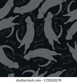 Seamless pattern in gray colors, cats and fish skeletons