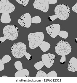 Seamless pattern in gray colors with mushrooms in a cartoon style