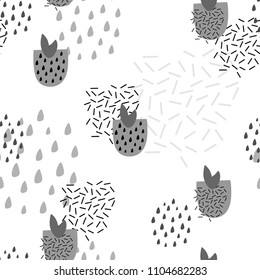 Seamless pattern in gray colors with strawberries. Trendy memphis design