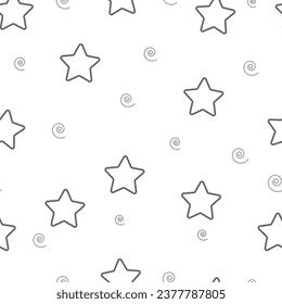 Patrón sin fisuras de estrellas de contorno gris y espirales sobre un fondo blanco en vector.